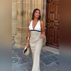 Zara NWT linen beige black white halter open back midi dress Size Large